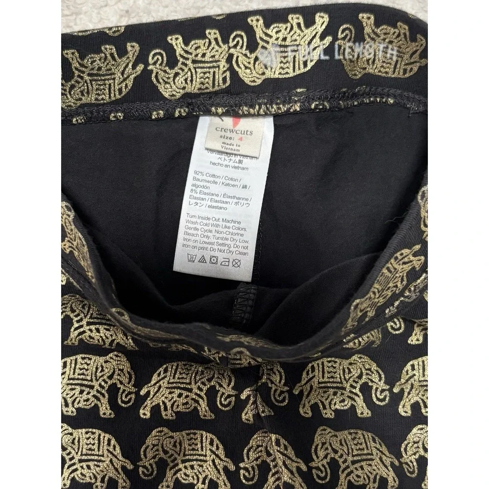 J Crew Crewcuts Girls' Everyday Leggings Black‎ Gold Elephant Foil Print Sz4